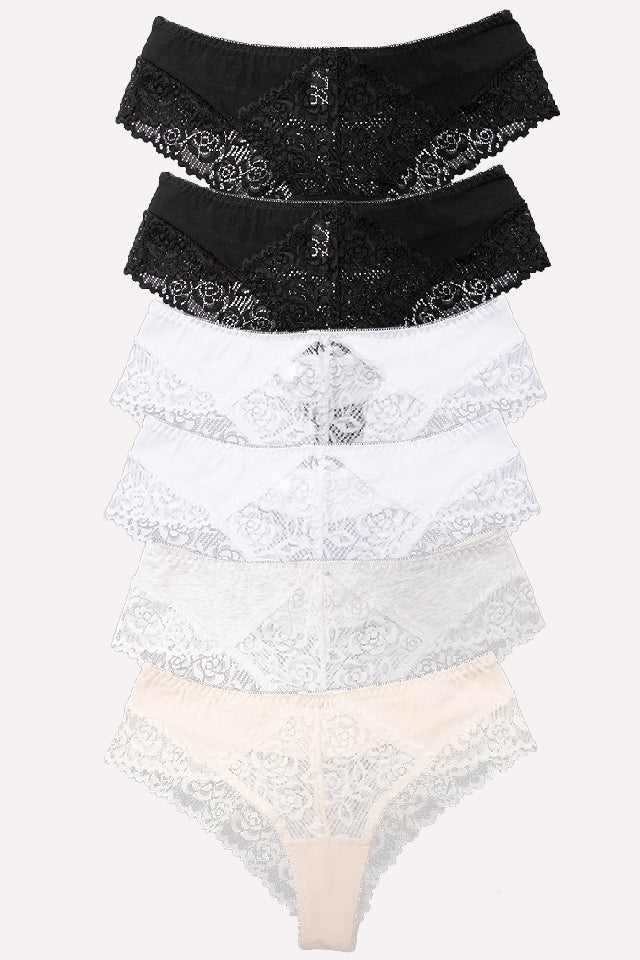 Dollcini,Klasszikus Női Bugyi ,Brazil Női Bugyi,Női Csipkés Bugyi – 95% Pamut+Spandex, Többszínű, 6 db-os Csomag