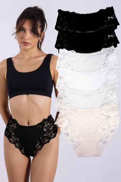 Dollcini ,Magas Derekú Női Bugyi ,Brazil Női Bugyi,Virágmintás Csipkés Női Bugyi -95% pamut + spandex,Többszínű,6 db-os Csomag